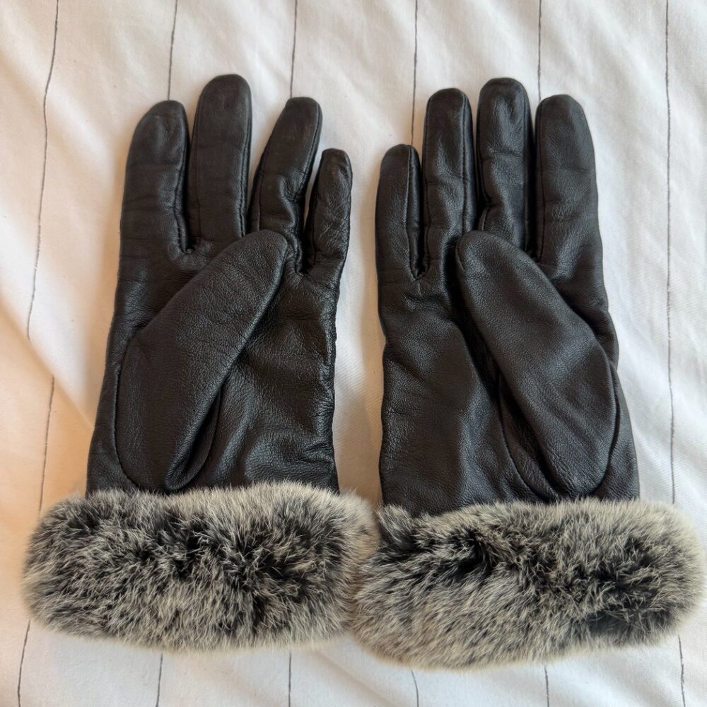Leather Winter Gloves Fleece Lined Grey Fur Cuff Large Black Touch - Picture 2 of 4